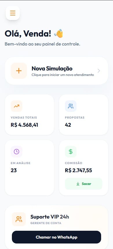 Tela ilustrativa do painel do afiliado com acesso a uma nova simulação