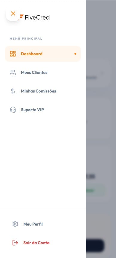 Tela ilustrativa do menu da plataforma, com clientes, comissões e suporte
