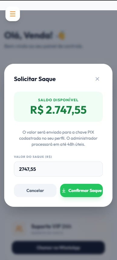 Tela ilustrativa da área de solicitação de saque da plataforma