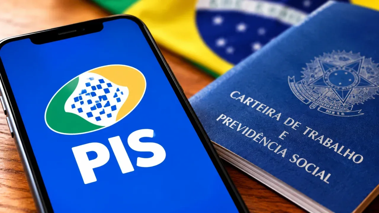 um smartphone exibe na tela um aplicativo com fundo azul, o logotipo do PIS com as cores da bandeira do Brasil e a palavra "PIS" escrita em letras grandes e brancas.