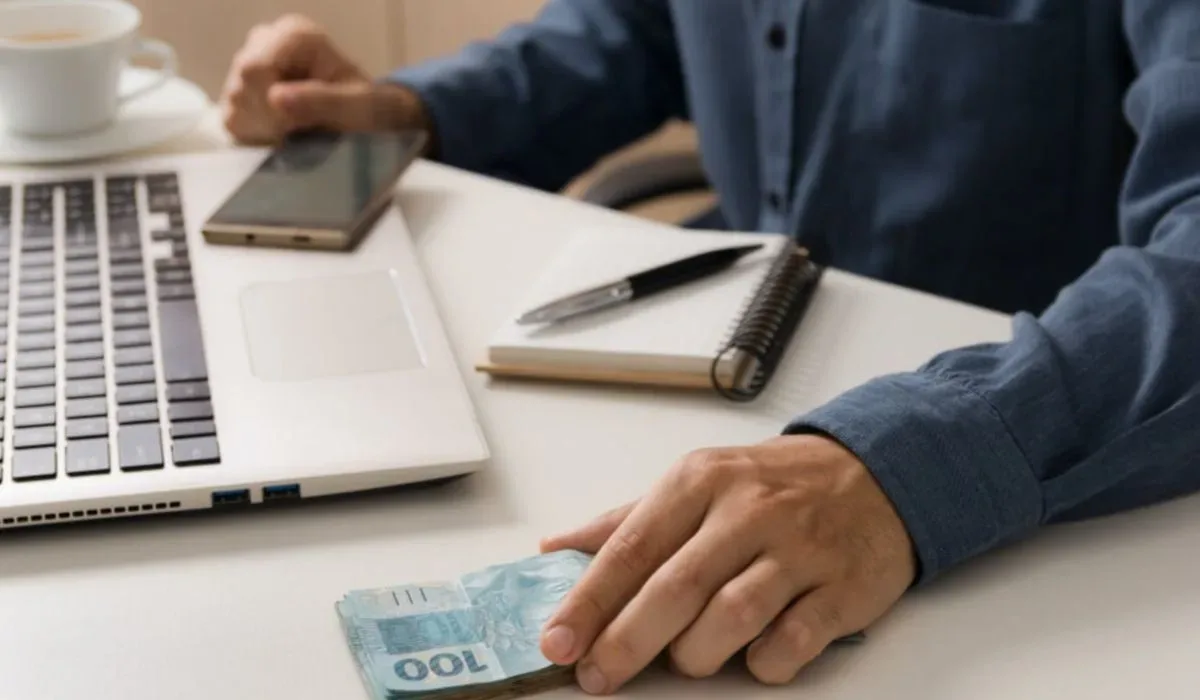 Homem sentado a uma mesa de trabalho com a mão sobre um maço de notas de 100 reais, ao lado de um notebook, smartphone e bloco de notas.